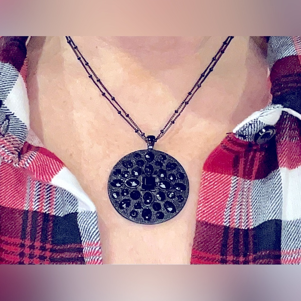 Signed Napier Black Rhinestone Pendant Necklace Bead Station Chain 16” + 3”